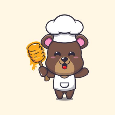 Cute chef bear holding honey cartoon illustration. 