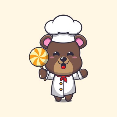 Cute chef bear mascot cartoon character holding candy. 