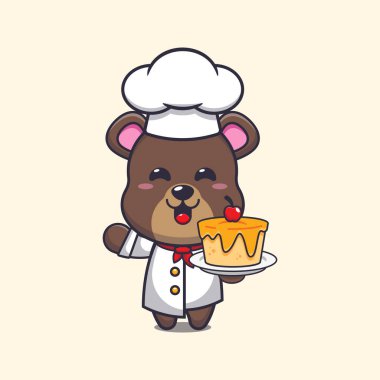 Cute chef bear mascot cartoon character with cake. 