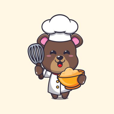 Cute chef bear mascot cartoon character with cake dough. 