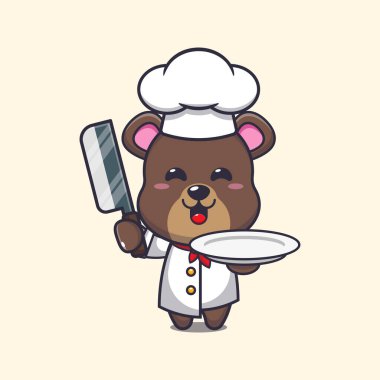 Cute chef bear mascot cartoon character with knife and plate. 