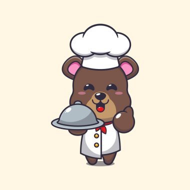 Cute chef bear mascot cartoon character with dish. 