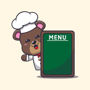 Cute chef bear mascot cartoon character with menu board. 