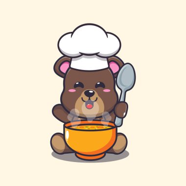 Cute chef bear mascot cartoon character with soup. 