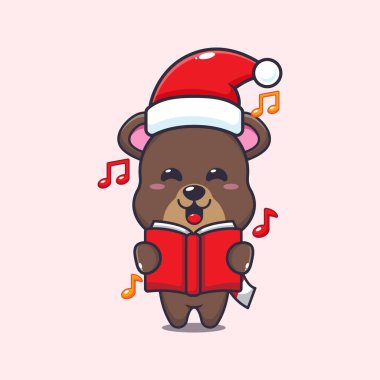Cute bear sing a christmas song. Cute christmas cartoon character illustration. Vector cartoon Illustration suitable for poster, brochure, web, mascot, sticker, logo and icon.