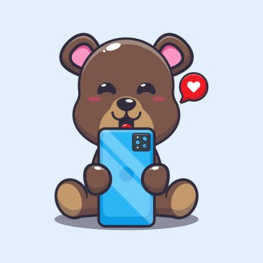 Cute bear with phone cartoon vector illustration. Vector cartoon Illustration suitable for poster, brochure, web, mascot, sticker, logo and icon.
