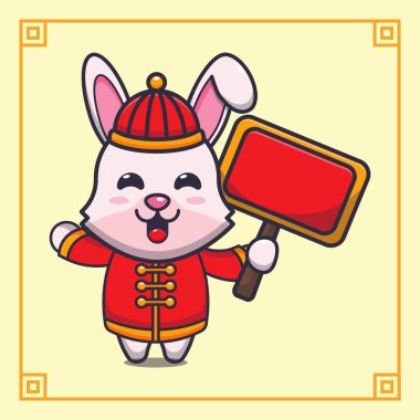 Cute rabbit with sign boards in chinese new year. Vector cartoon Illustration suitable for poster, brochure, web, mascot, sticker, logo and icon.