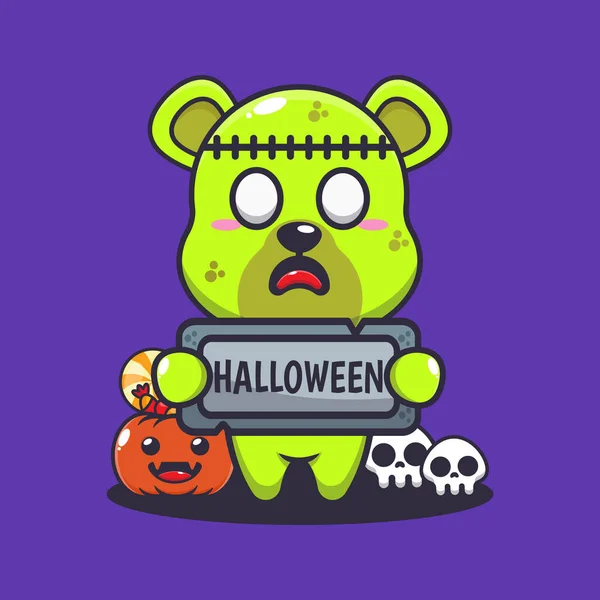 Zombie Bear Holding Halloween Greeting Stone Cute Halloween Cartoon Illustration — Stockový vektor