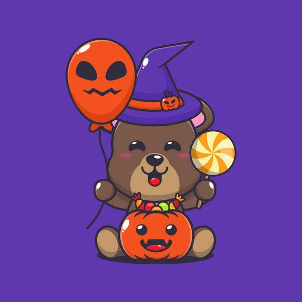 Witch Bear Holding Halloween Balloon Candy Cute Halloween Cartoon Illustration — Stockový vektor