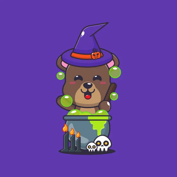 Witch Bear Making Potion Halloween Day Cute Halloween Cartoon Illustration — Stockový vektor