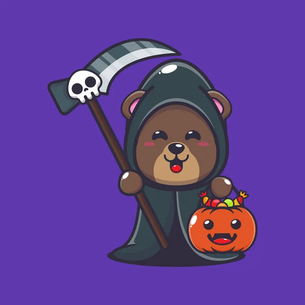 Grim Reaper Bear Holding Scythe Halloween Pumpkin Cute Halloween Cartoon — Stockový vektor