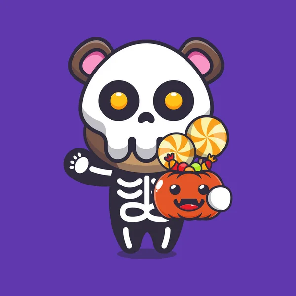Cute Bear Skeleton Costume Holding Halloween Pumpkin Cute Halloween Cartoon — Stockový vektor