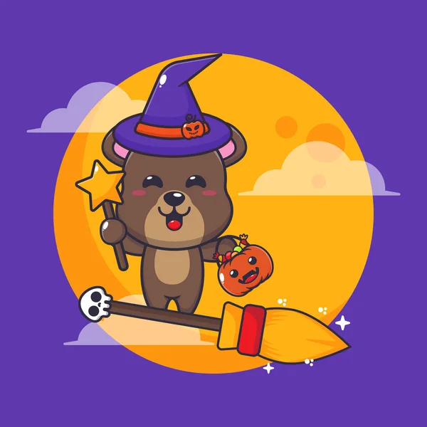 Witch Bear Fly Broom Halloween Night Cute Halloween Cartoon Illustration — Stockový vektor