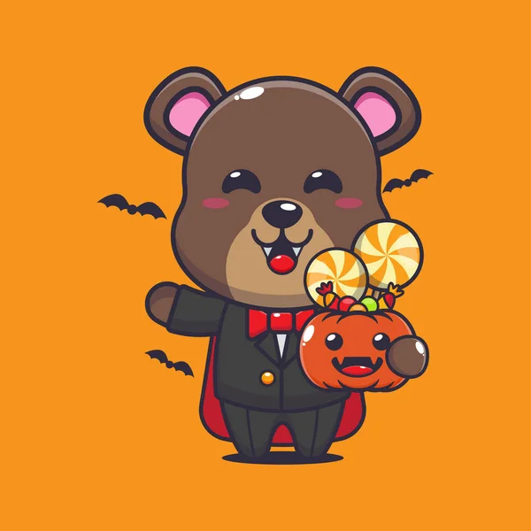 Vampire Bear Holding Halloween Pumpkin Cute Halloween Cartoon Illustration Vector — ストックベクタ