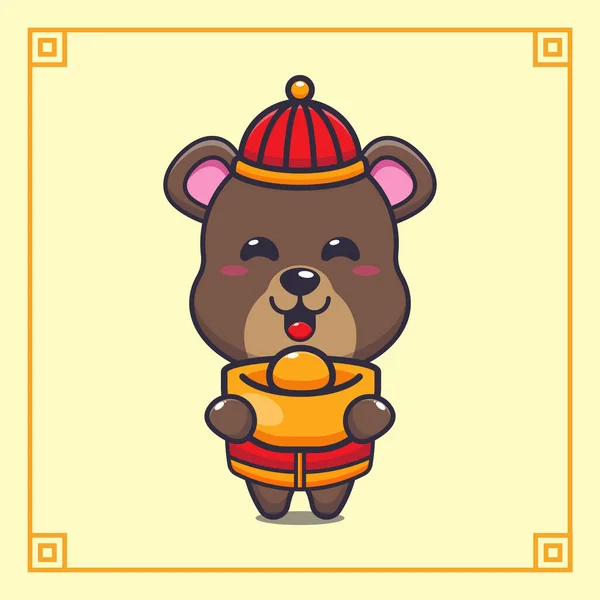 Cute Bear Gold Ingot Chinese New Year Vector Cartoon Illustration — Image vectorielle
