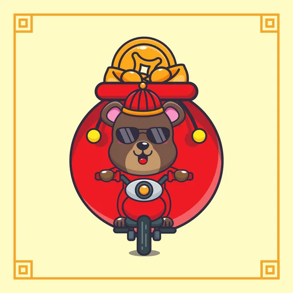 Cute Bear Riding Motorcycle Lot Gold Chinese New Year Vector — Image vectorielle