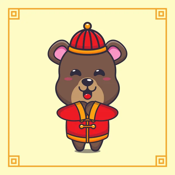 Cute Bear Red Chinese Costum Chinese New Year Vector Cartoon — Image vectorielle