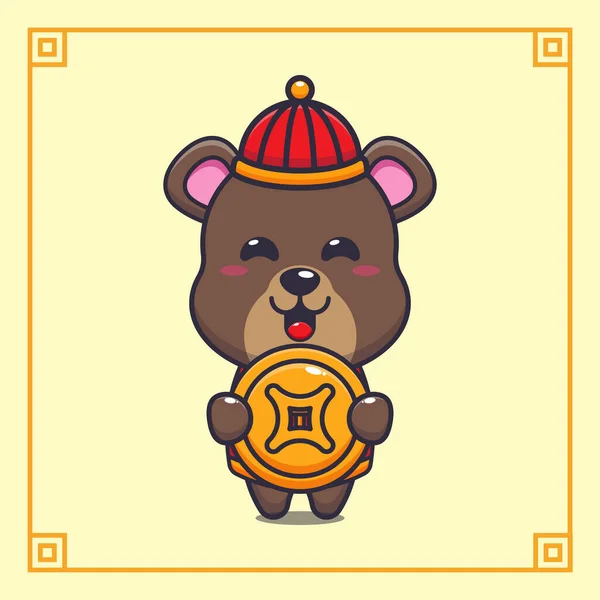 Cute Bear Gold Coin Chinese New Year Vector Cartoon Illustration — Image vectorielle