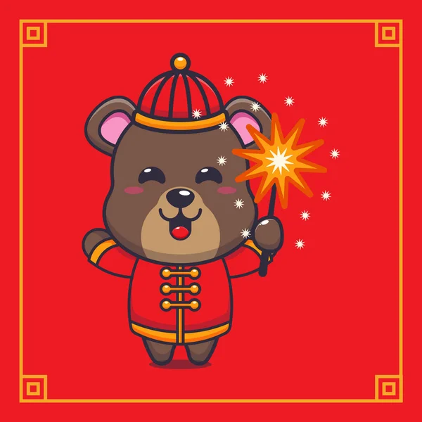 Cute Bear Playing Firework Chinese New Year Vector Cartoon Illustration — Stock Vector