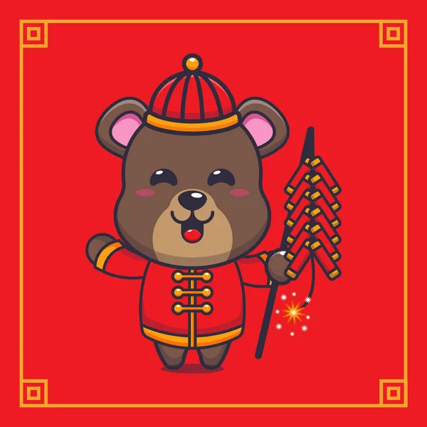 Cute Bear Playing Firecrackers Chinese New Year Vector Cartoon Illustration — Image vectorielle