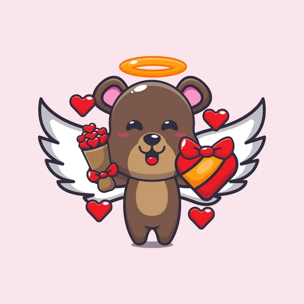 Cute Bear Cupid Cartoon Character Holding Love Gift Love Bouquet — Stock Vector