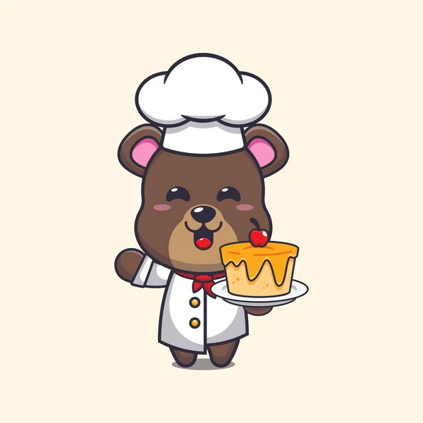 Cute Chef Bear Mascot Cartoon Character Cake — Vetor de Stock