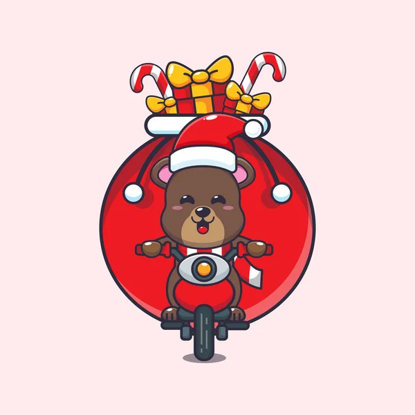 Cute Bear Carrying Christmas Gift Motorcycle Cute Christmas Cartoon Character — Stockový vektor