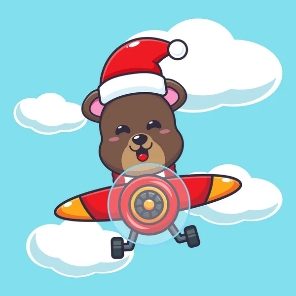 Cute Bear Wearing Santa Hat Flying Plane Cute Christmas Cartoon — Stockový vektor