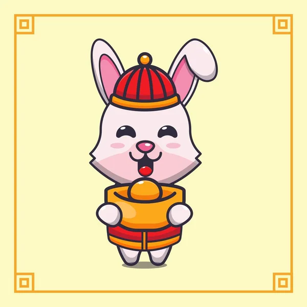 Cute Rabbit Gold Ingot Chinese New Year Vector Cartoon Illustration — Stock Vector