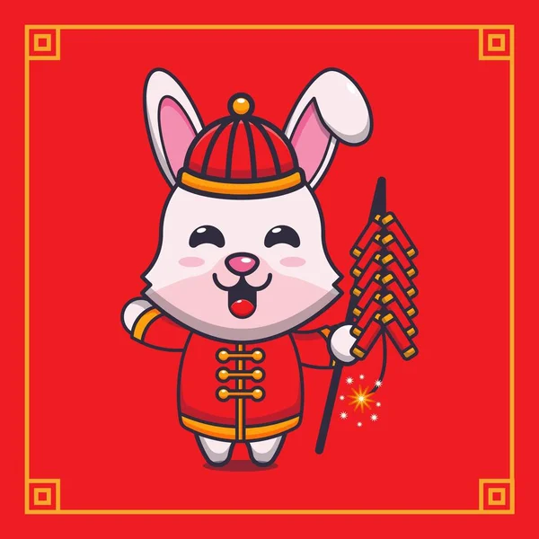 Cute Rabbit Playing Firecrackers Chinese New Year Vector Cartoon Illustration — Stock Vector