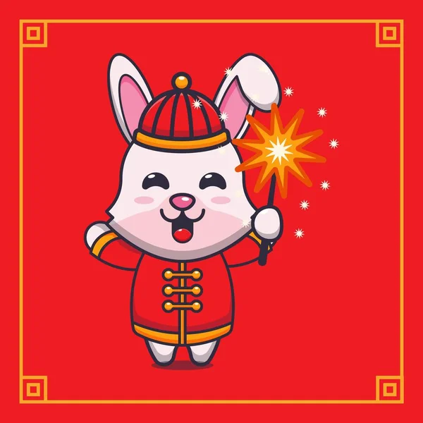 Cute Rabbit Playing Firework Chinese New Year Vector Cartoon Illustration — Stock Vector