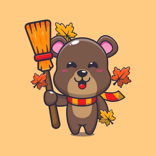 Cute Autumn Bear Holding Broom Mascot Cartoon Vector Illustration Suitable — ストックベクタ