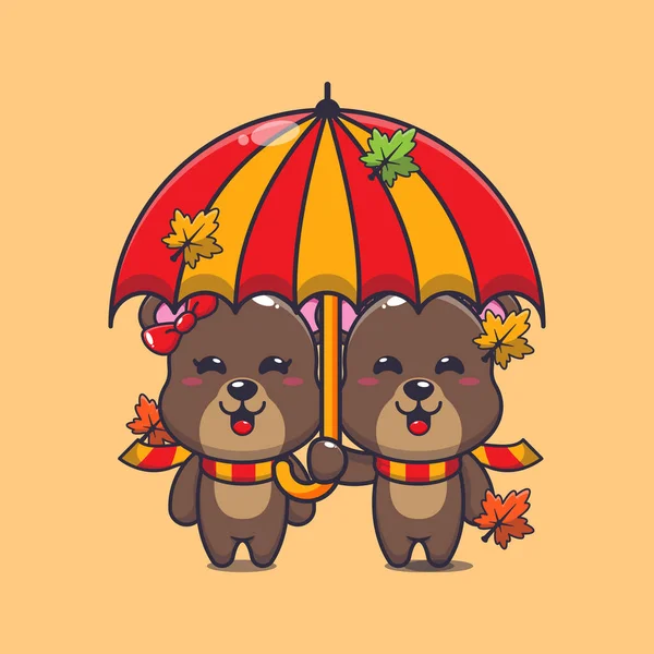 Cute Para Niedźwiedź Parasolem Sezonie Jesiennym Ilustracja Wektora Maskotki Kreskówki — Wektor stockowy