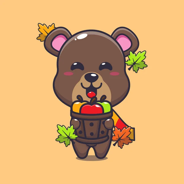 Cute Bear Holding Apple Wood Bucket Mascot Cartoon Vector Illustration — ストックベクタ