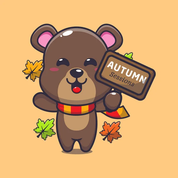Cute Bear Autumn Sign Board Mascot Cartoon Vector Illustration Suitable — ストックベクタ