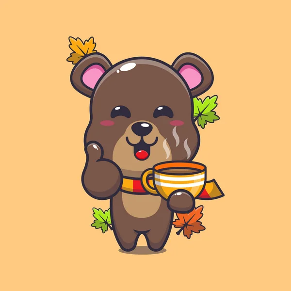 Cute Bear Coffee Autumn Season Mascot Cartoon Vector Illustration Suitable — ストックベクタ