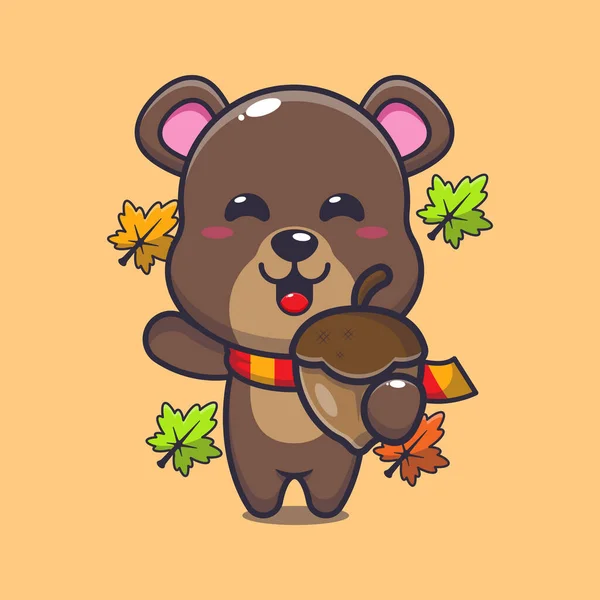 Cute Bear Acorns Autumn Season Mascot Cartoon Vector Illustration Suitable — ストックベクタ