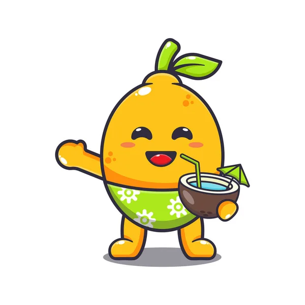 Cute Lemon Drink Coconut Beach Cartoon Vector Illustration Suitable Poster — ストックベクタ