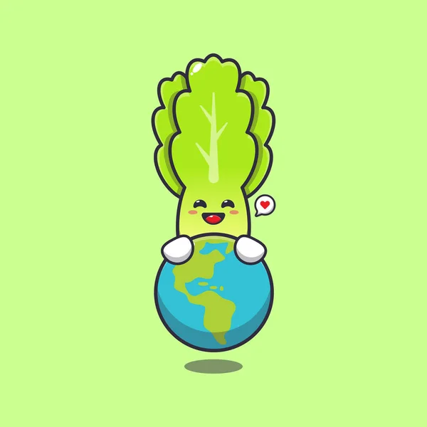Cute Lettuce Hugging Earth Cartoon Vector Illustration — ストックベクタ