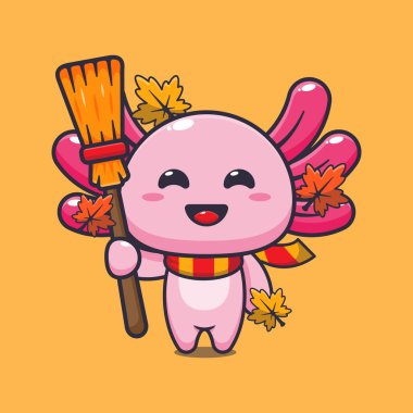 Cute autumn axolotl holding broom. Mascot cartoon vector illustration suitable for poster, brochure, web, mascot, sticker, logo and icon.