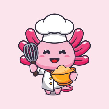 Cute chef axolotl making cake batter cartoon vector illustration. 