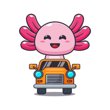 Cute axolotl mascot cartoon character ride on car.