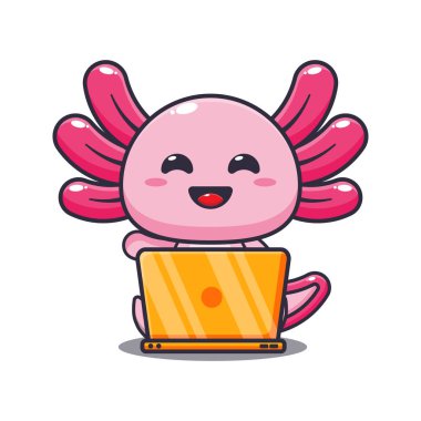 Cute axolotl with laptop cartoon vector illustration.