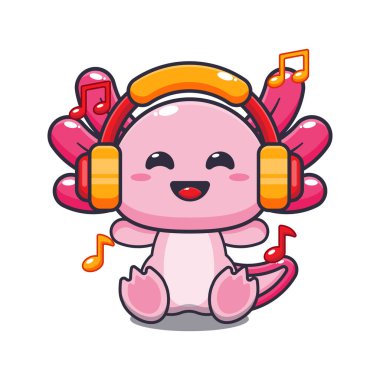 Cute axolotl listening music with headphone cartoon vector illustration. 
