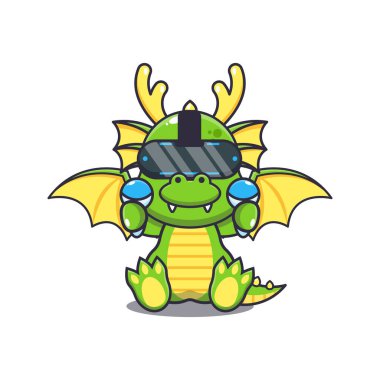 Cute dragon playing virtual reality cartoon vector illustration. Vector cartoon Illustration suitable for poster, brochure, web, mascot, sticker, logo and icon.