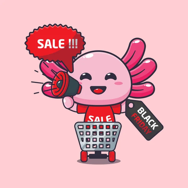 Cute Axolotl Shopping Cart Promoting Black Friday Sale Megaphone Vector — ストックベクタ