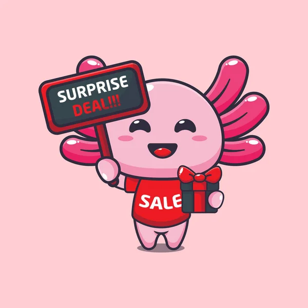 Cute Axolotl Promotion Sign Gift Box Black Friday Sale Vector — ストックベクタ