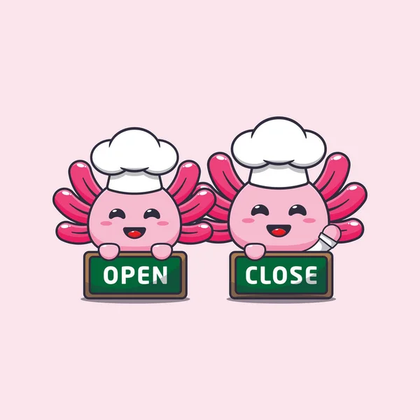 Cute Chef Axolotl Open Close Sign Board Cartoon Vector Illustration — ストックベクタ