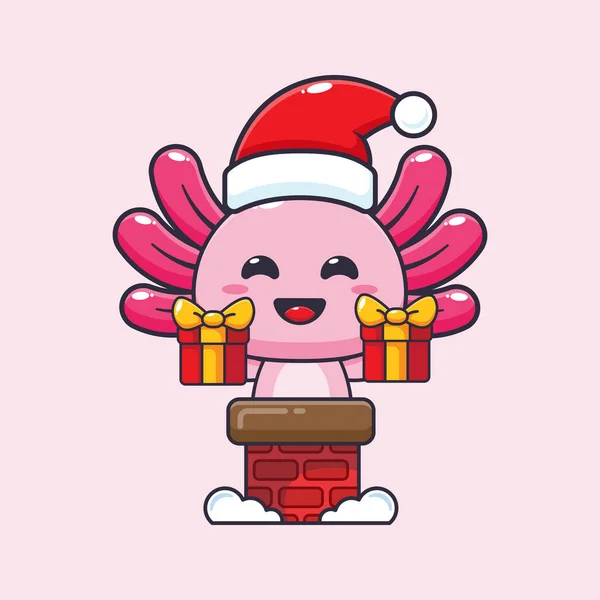 Cute Axolotl Santa Hat Chimney Cute Christmas Cartoon Character Illustration — Stockový vektor