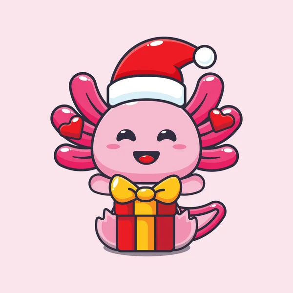 Roztomilý Axolotl Šťastný Vánočním Dárkem Roztomilé Vánoční Kreslené Postavičky Ilustrace — Stockový vektor